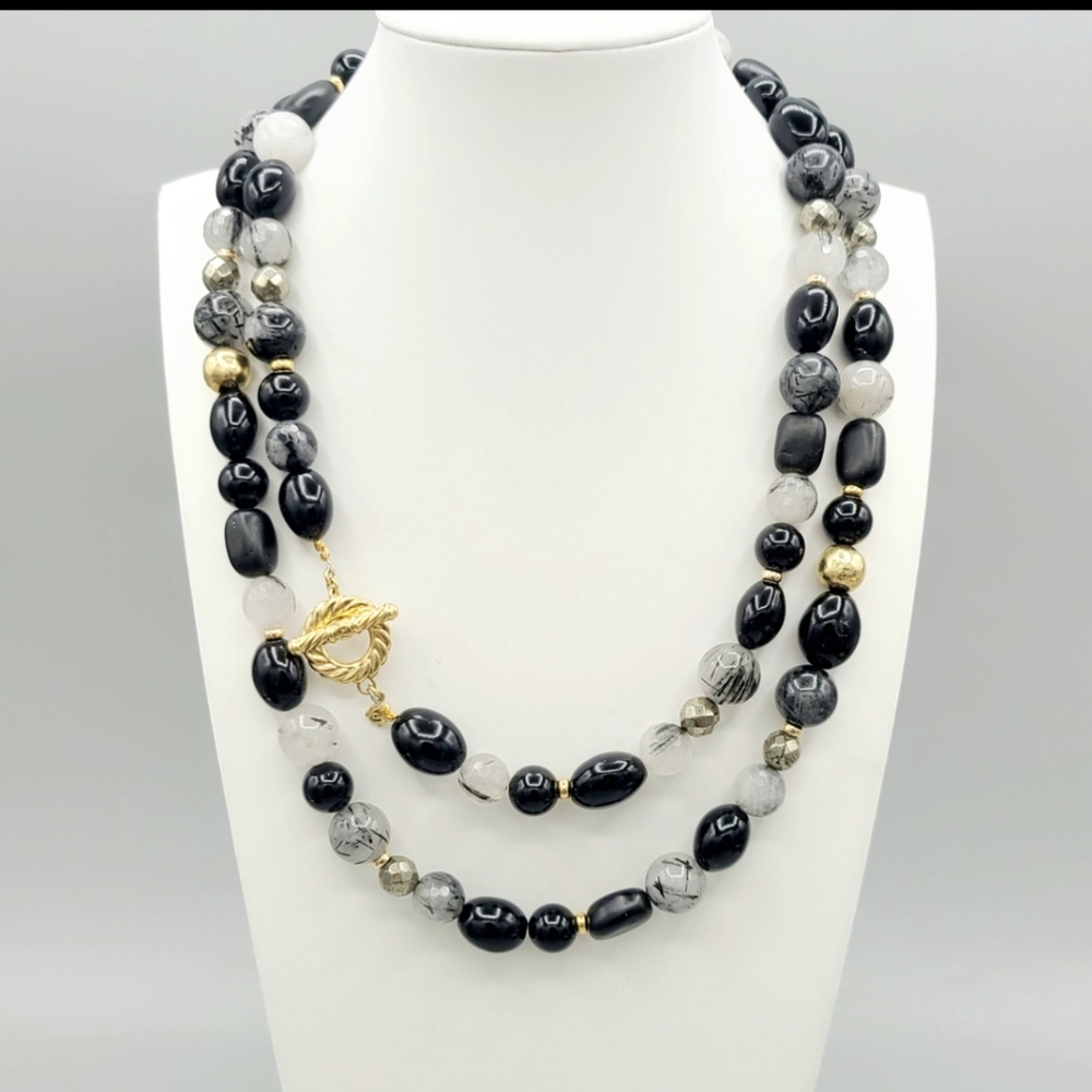 David Yurman 18k Gold Necklace With Black Onyx Rutilated Quartz and Pyrate Beads